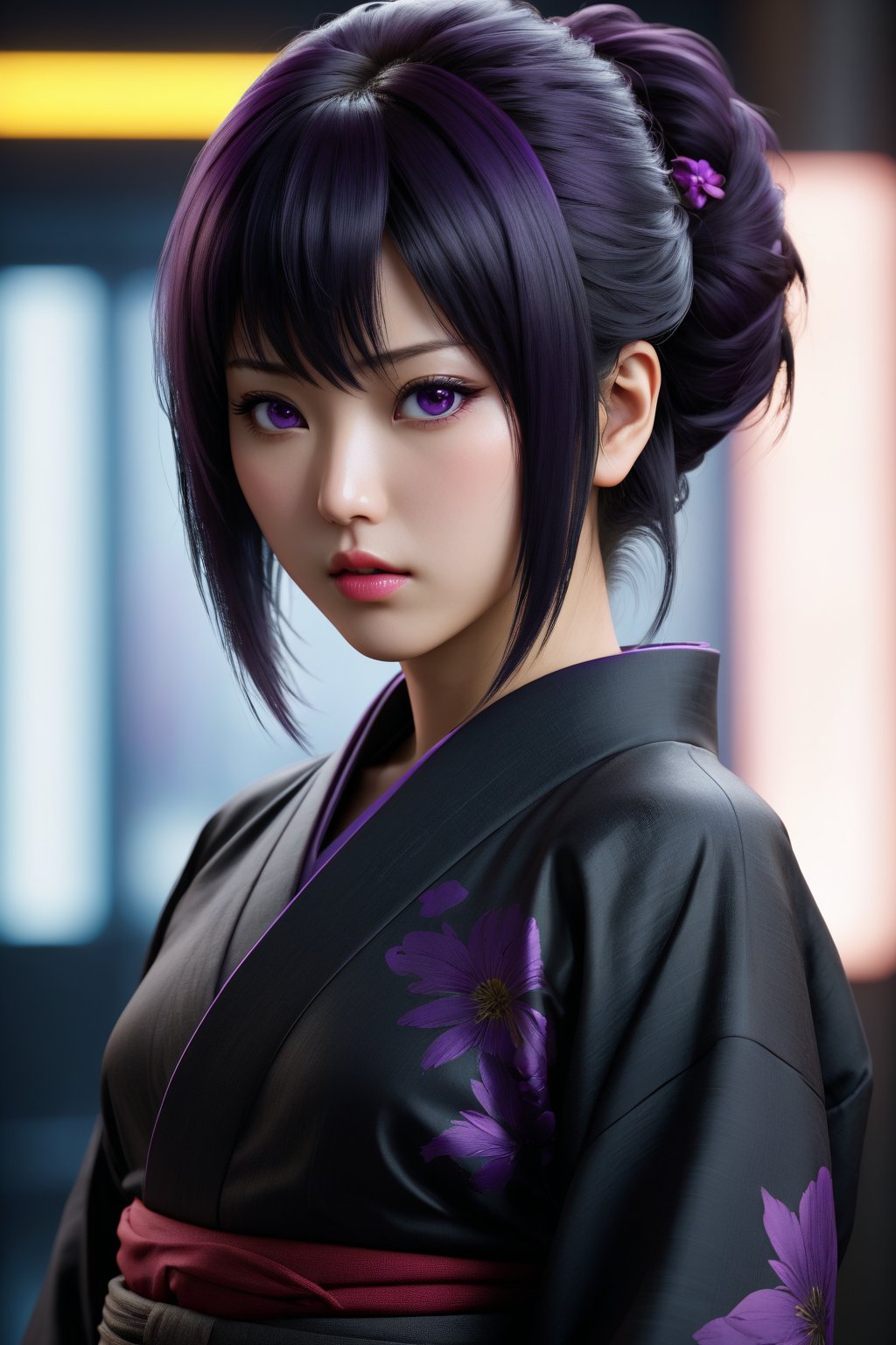 MASTERPIECE, BEST QUALITY, HIGH QUALITY, DIGITAL_ART, OCTANE, AWARD_WINNING, HIGHRES, REALISTIC, BEAUTIFUL, PERFECT COMPOSITION, INTRICATE DETAILS, ULTRA-DETAILED, 1girl, solo, (full_body_portrait:1.2), asian features, dark hair, Black kimono, purple eyes, thin lips, delicate face, round face,Asian,Asian Girl,Asian Woman, light eyeshadow makeup, motoko2045, no expression, cyberpunk2077,