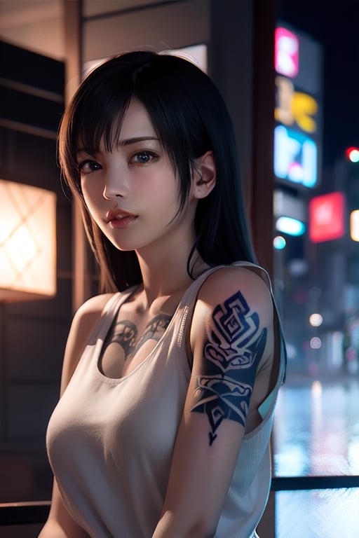 Top quality, masterpiece, 8K, beautiful woman, Japanese woman, expressionless, whole body, ((tattoo)), black slacks, white tank top, female mafia, cyberpunk city, night,ellafreya,Mitan,yuna \(ff10\),heterochromia,green eyes,blue eyes,kabashimahikari,airi_kijima,ftifa