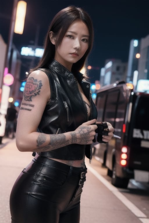 Finest, masterpiece, 8K, beauty, Japanese woman, angry,((tattoo)), black leather pants, black leather vest, female mafia, cyberpunk city, night,ninja_suit