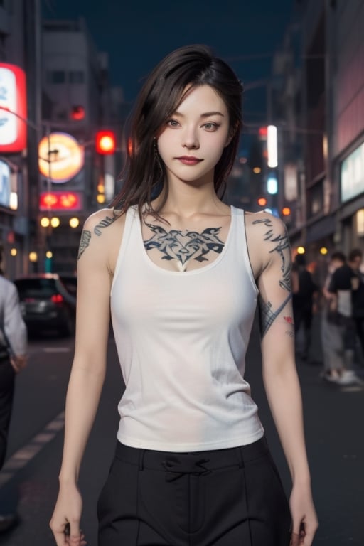 Top quality, masterpiece, 8K, beautiful woman, Japanese woman, expressionless, whole body, ((tattoo)), black slacks, white tank top, female mafia, cyberpunk city, night,ellafreya,Mitan,yuna \(ff10\),heterochromia,green eyes,blue eyes,kabashimahikari