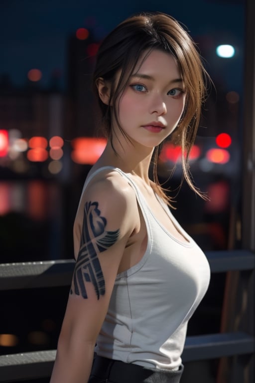 Top quality, masterpiece, 8K, beautiful woman, Japanese woman, expressionless, whole body, ((tattoo)), black slacks, white tank top, female mafia, cyberpunk city, night,ellafreya,Mitan,yuna \(ff10\),heterochromia,green eyes,blue eyes,kabashimahikari