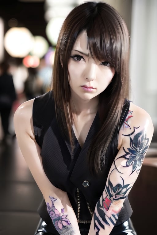 Finest, masterpiece, 8K, beauty, Japanese woman, angry,((tattoo)), black leather pants, black leather vest, female mafia, cyberpunk city, night,ftifa, ,TifaFF7,a photo of a japanese woman named hatano,1girl,yuna \(ff10\),hair ornament,grey_kimono,tifa lockhart