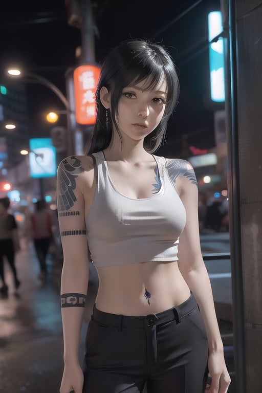 Top quality, masterpiece, 8K, beautiful woman, Japanese woman, expressionless, whole body, ((tattoo)), black slacks, white tank top, female mafia, cyberpunk city, night,Mitan, heterochromia,TifaFF7, ,TIFA,1girl