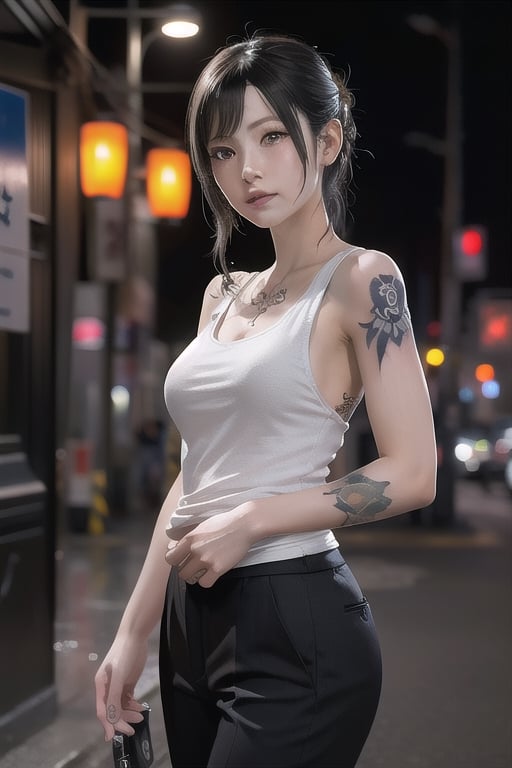 Top quality, masterpiece, 8K, beautiful woman, Japanese woman, expressionless, whole body, ((tattoo)), black slacks, white tank top, female mafia, cyberpunk city, night,Mitan, heterochromia,TifaFF7, ,TIFA,1girl