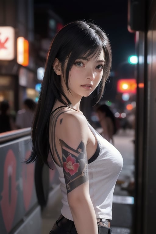 Top quality, masterpiece, 8K, beautiful woman, Japanese woman, expressionless, whole body, ((tattoo)), black slacks, white tank top, female mafia, cyberpunk city, night,Mitan, heterochromia,TifaFF7, ,TIFA,1girl,xxmixgirl,ftifa