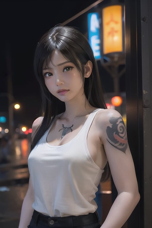 Top quality, masterpiece, 8K, beautiful woman, Japanese woman, expressionless, whole body, ((tattoo)), black slacks, white tank top, female mafia, cyberpunk city, night,ellafreya,Mitan,yuna \(ff10\),heterochromia,green eyes,blue eyes,kabashimahikari,airi_kijima,ftifa,TifaFF7, 