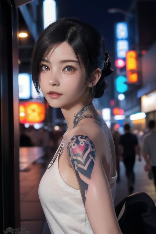 Top quality, masterpiece, 8K, beautiful woman, Japanese woman, expressionless, whole body, ((tattoo)), black slacks, white tank top, female mafia, cyberpunk city, night,Mitan, heterochromia,TifaFF7, ,TIFA,1girl,xxmixgirl,ftifa