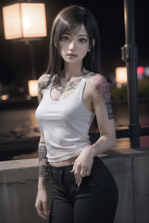 Top quality, masterpiece, 8K, beautiful woman, Japanese woman, expressionless, whole body, ((tattoo)), black slacks, white tank top, female mafia, cyberpunk city, night,ellafreya,Mitan,yuna \(ff10\),heterochromia,green eyes,blue eyes,kabashimahikari,airi_kijima,ftifa,TifaFF7, ,TIFA,1girl