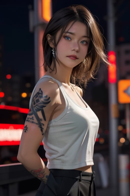 Top quality, masterpiece, 8K, beautiful woman, Japanese woman, expressionless, whole body, ((tattoo)), black slacks, white tank top, female mafia, cyberpunk city, night,ellafreya,Mitan,yuna \(ff10\),heterochromia,green eyes,blue eyes,kabashimahikari