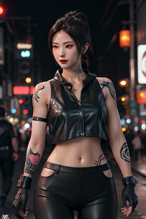 Finest, masterpiece, 8K, beauty, Japanese woman, angry,((tattoo)), black leather pants, black leather vest, female mafia, cyberpunk city, night,ninja_suit,charlottems, gloves,  armor,  shoulder a,REALISTIC