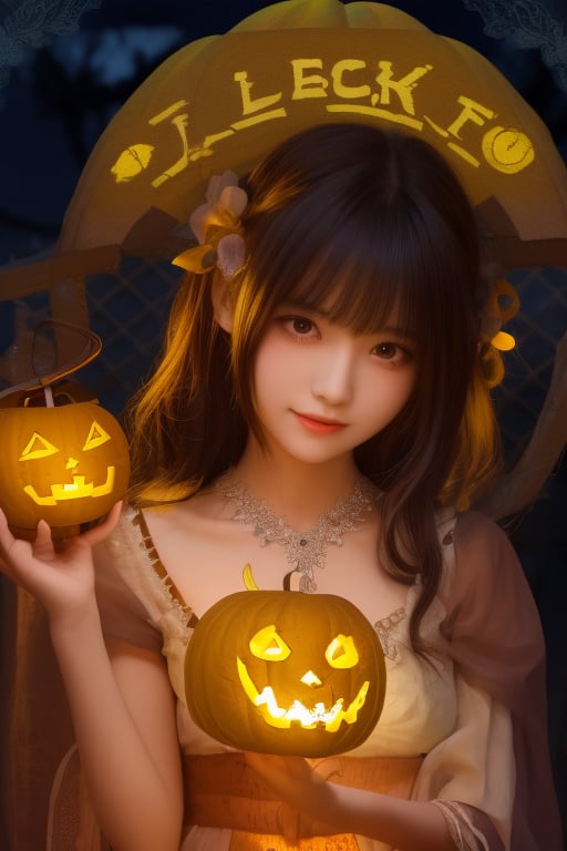 (​masterpiece、top-quality、top-quality、Beautifully Aesthetic:1.2)、(((Cute Shining Jack Lantern Head Girl)))、((I can't see the girl's face))、halloween night、ighly detailed、colourfull、highestdetailed,Japanese beauty models