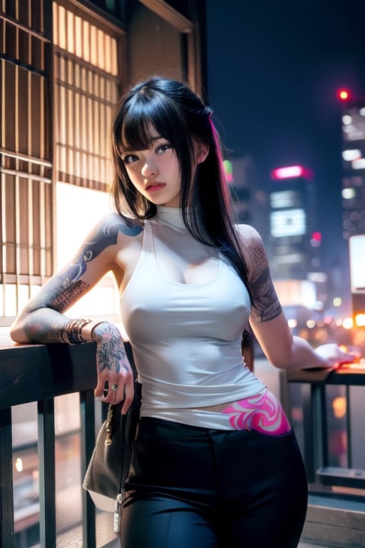 Top quality, masterpiece, 8K, beautiful woman, Japanese woman, expressionless, whole body, ((tattoo)), black slacks, white tank top, female mafia, cyberpunk city, night,ellafreya,Mitan,yuna \(ff10\),heterochromia,green eyes,blue eyes,kabashimahikari,airi_kijima,vnbeauty