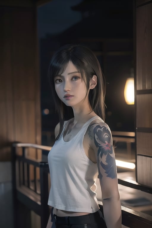 Top quality, masterpiece, 8K, beautiful woman, Japanese woman, expressionless, whole body, ((tattoo)), black slacks, white tank top, female mafia, cyberpunk city, night,ellafreya,Mitan,yuna \(ff10\),heterochromia,green eyes,blue eyes,kabashimahikari,airi_kijima,ftifa,TifaFF7, 