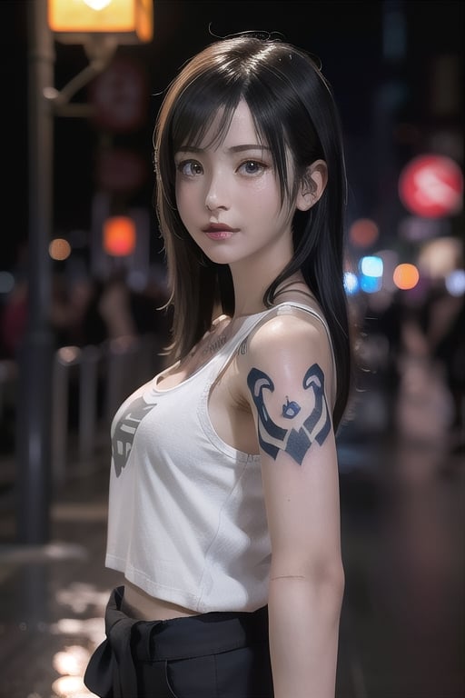 Top quality, masterpiece, 8K, beautiful woman, Japanese woman, expressionless, whole body, ((tattoo)), black slacks, white tank top, female mafia, cyberpunk city, night,Mitan, heterochromia,TifaFF7, ,TIFA,1girl