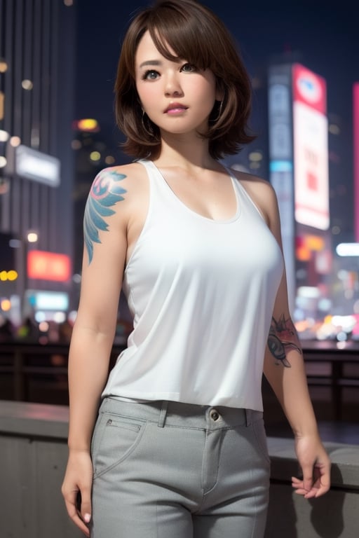 Top quality, masterpiece, 8K, beautiful woman, Japanese woman, expressionless, whole body, ((tattoo)), black slacks, white tank top, female mafia, cyberpunk city, night,ellafreya,Mitan,yuna \(ff10\),heterochromia,green eyes,blue eyes,kabashimahikari