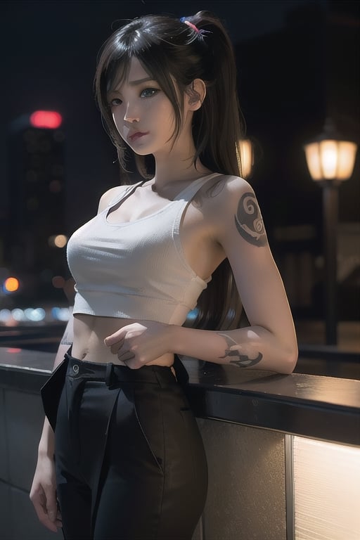 Top quality, masterpiece, 8K, beautiful woman, Japanese woman, expressionless, whole body, ((tattoo)), black slacks, white tank top, female mafia, cyberpunk city, night,ellafreya,Mitan,yuna \(ff10\),heterochromia,green eyes,blue eyes,kabashimahikari,airi_kijima,ftifa,TifaFF7, 