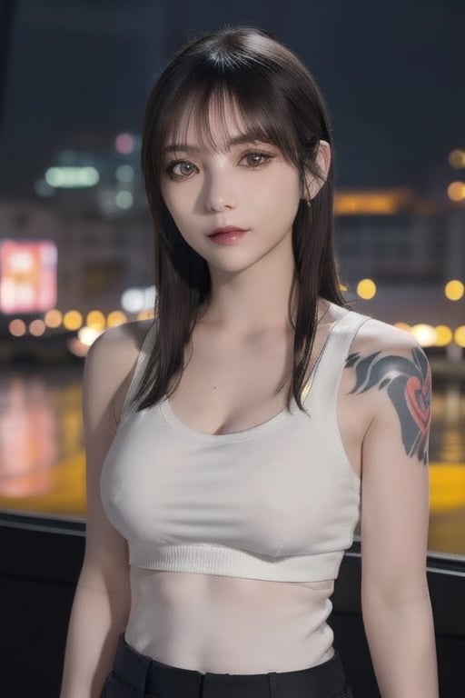 Top quality, masterpiece, 8K, beautiful woman, Japanese woman, expressionless, whole body, ((tattoo)), black slacks, white tank top, female mafia, cyberpunk city, night,Mitan, heterochromia,TifaFF7, ,TIFA,1girl,xxmixgirl,ftifa