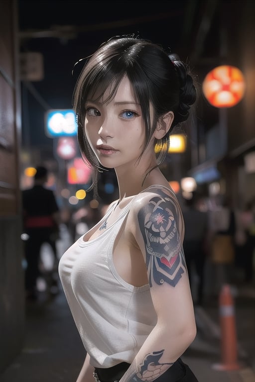 Top quality, masterpiece, 8K, beautiful woman, Japanese woman, expressionless, whole body, ((tattoo)), black slacks, white tank top, female mafia, cyberpunk city, night,Mitan, heterochromia,TifaFF7, ,TIFA,1girl