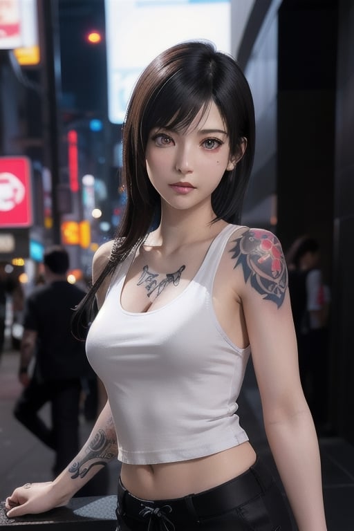 Top quality, masterpiece, 8K, beautiful woman, Japanese woman, expressionless, whole body, ((tattoo)), black slacks, white tank top, female mafia, cyberpunk city, night,Mitan, heterochromia,TifaFF7, ,TIFA,1girl,xxmixgirl,ftifa