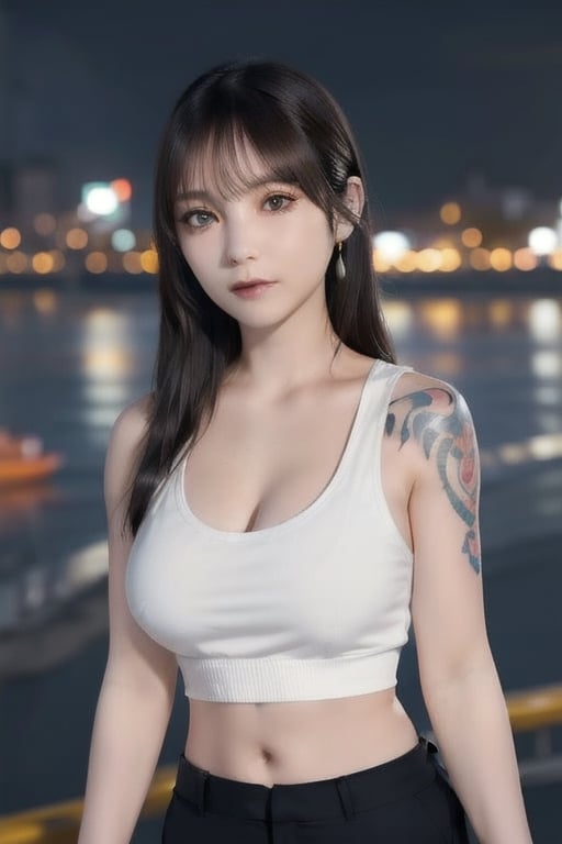 Top quality, masterpiece, 8K, beautiful woman, Japanese woman, expressionless, whole body, ((tattoo)), black slacks, white tank top, female mafia, cyberpunk city, night,Mitan, heterochromia,TifaFF7, ,TIFA,1girl,xxmixgirl,ftifa