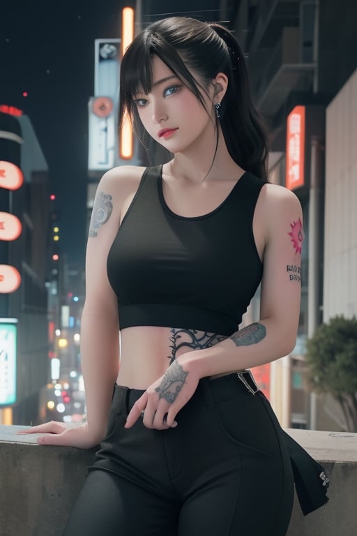 Top quality, masterpiece, 8K, beautiful woman, Japanese woman, expressionless, whole body, ((tattoo)), black slacks, white tank top, female mafia, cyberpunk city, night,ellafreya,Mitan,yuna \(ff10\),heterochromia,green eyes,blue eyes,kabashimahikari