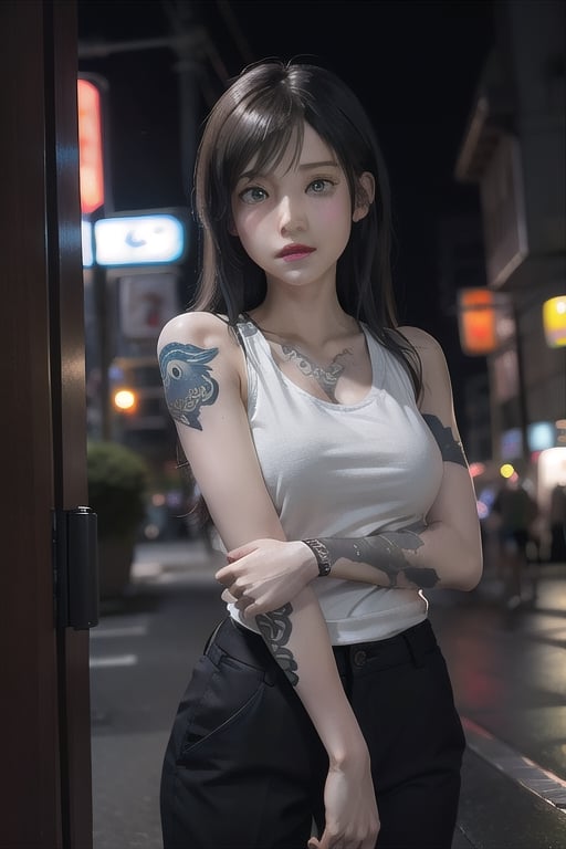 Top quality, masterpiece, 8K, beautiful woman, Japanese woman, expressionless, whole body, ((tattoo)), black slacks, white tank top, female mafia, cyberpunk city, night,ellafreya,Mitan,yuna \(ff10\),heterochromia,green eyes,blue eyes,kabashimahikari,airi_kijima,ftifa,TifaFF7, 