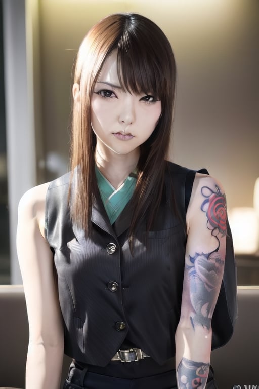 Finest, masterpiece, 8K, beauty, Japanese woman, angry,((tattoo)), black leather pants, black leather vest, female mafia, cyberpunk city, night,ftifa, ,TifaFF7,a photo of a japanese woman named hatano,1girl,yuna \(ff10\)