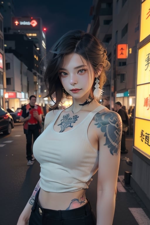 Top quality, masterpiece, 8K, beautiful woman, Japanese woman, expressionless, whole body, ((tattoo)), black slacks, white tank top, female mafia, cyberpunk city, night,ellafreya,Mitan,yuna \(ff10\),heterochromia,green eyes,blue eyes