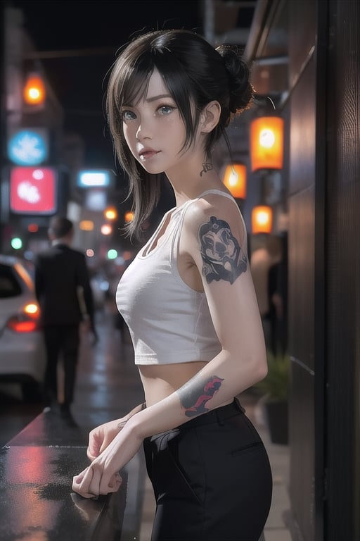 Top quality, masterpiece, 8K, beautiful woman, Japanese woman, expressionless, whole body, ((tattoo)), black slacks, white tank top, female mafia, cyberpunk city, night,Mitan, heterochromia,TifaFF7, ,TIFA,1girl