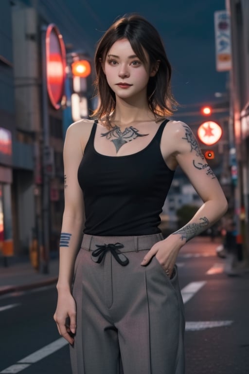 Top quality, masterpiece, 8K, beautiful woman, Japanese woman, expressionless, whole body, ((tattoo)), black slacks, white tank top, female mafia, cyberpunk city, night,ellafreya,Mitan,yuna \(ff10\),heterochromia,green eyes,blue eyes,kabashimahikari