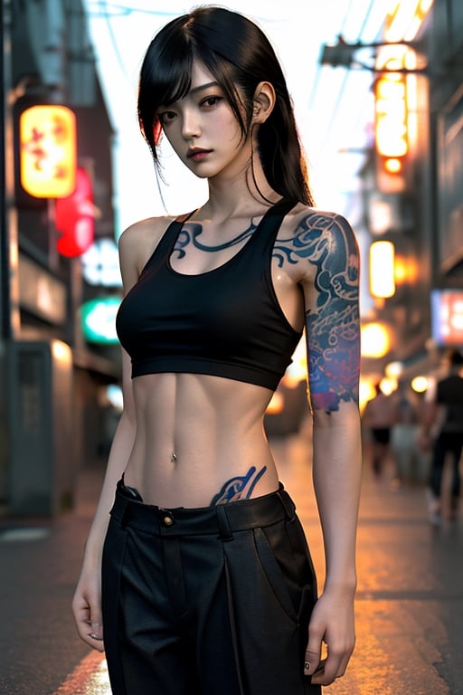 Top quality, masterpiece, 8K, beautiful woman, Japanese woman, expressionless, whole body, ((tattoo)), black slacks, white tank top, female mafia, cyberpunk city, night,realism,fukada,midjourney