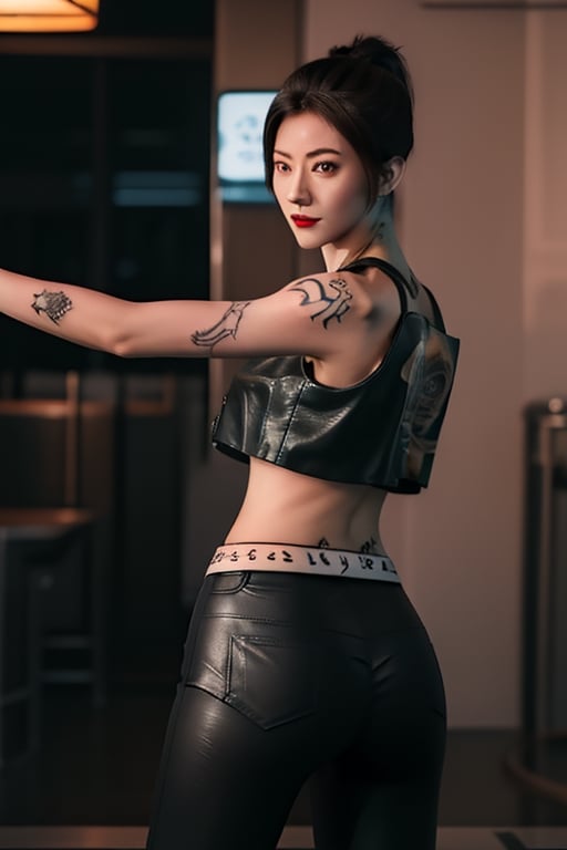 Finest, masterpiece, 8K, beauty, Japanese woman, angry,((tattoo)), black leather pants, black leather vest, female mafia, cyberpunk city, night,ninja_suit,charlottems