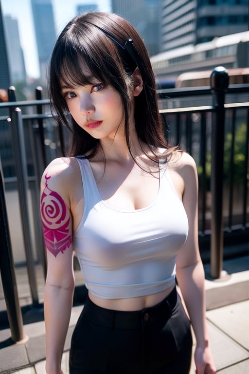 Top quality, masterpiece, 8K, beautiful woman, Japanese woman, expressionless, whole body, ((tattoo)), black slacks, white tank top, female mafia, cyberpunk city, night,ellafreya,Mitan,yuna \(ff10\),heterochromia,green eyes,blue eyes,kabashimahikari,airi_kijima,vnbeauty