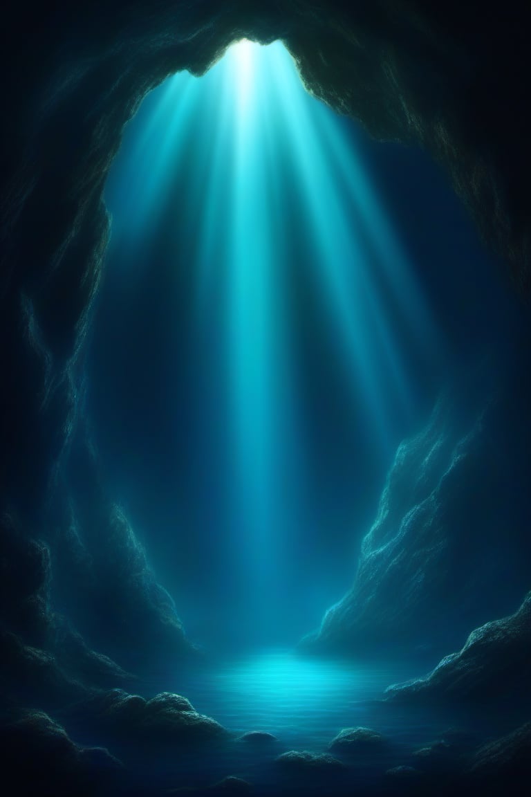 deep sea,deep sea background,, The depths of the sea are indeed endlessly lonely. In that dark and silent,, water, , scenery, , light rays, rock, , pillar, cave,fancy