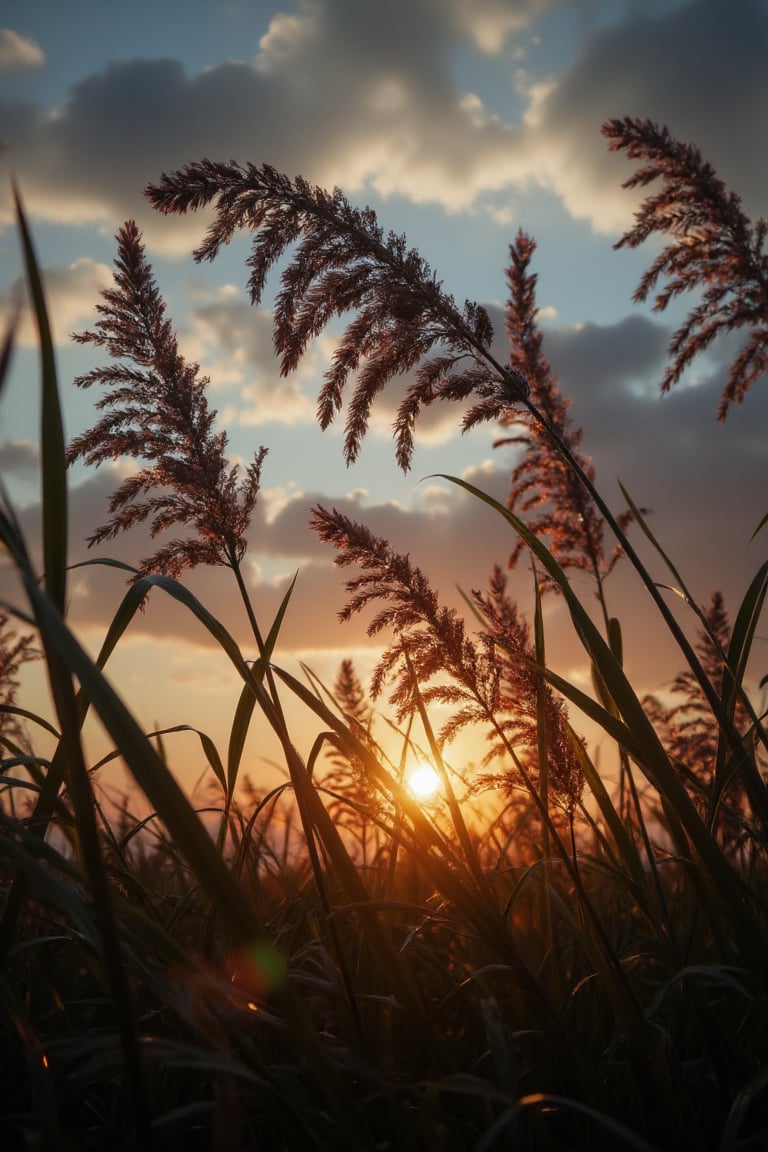 Create a 8k resolution in realistic-style. The image depicts a close-up view of several plants with elongated leaves and tall flower spikes, silhouetted against a sky at what appears to be either sunrise or sunset. The sky is partly cloudy with the sun visible near the horizon, casting a warm glow and creating a backlight effect on the plants. This interplay of light and shadow highlights the natural beauty and intricate details of the plants against the vastness of the sky.Midjourney_Whisper