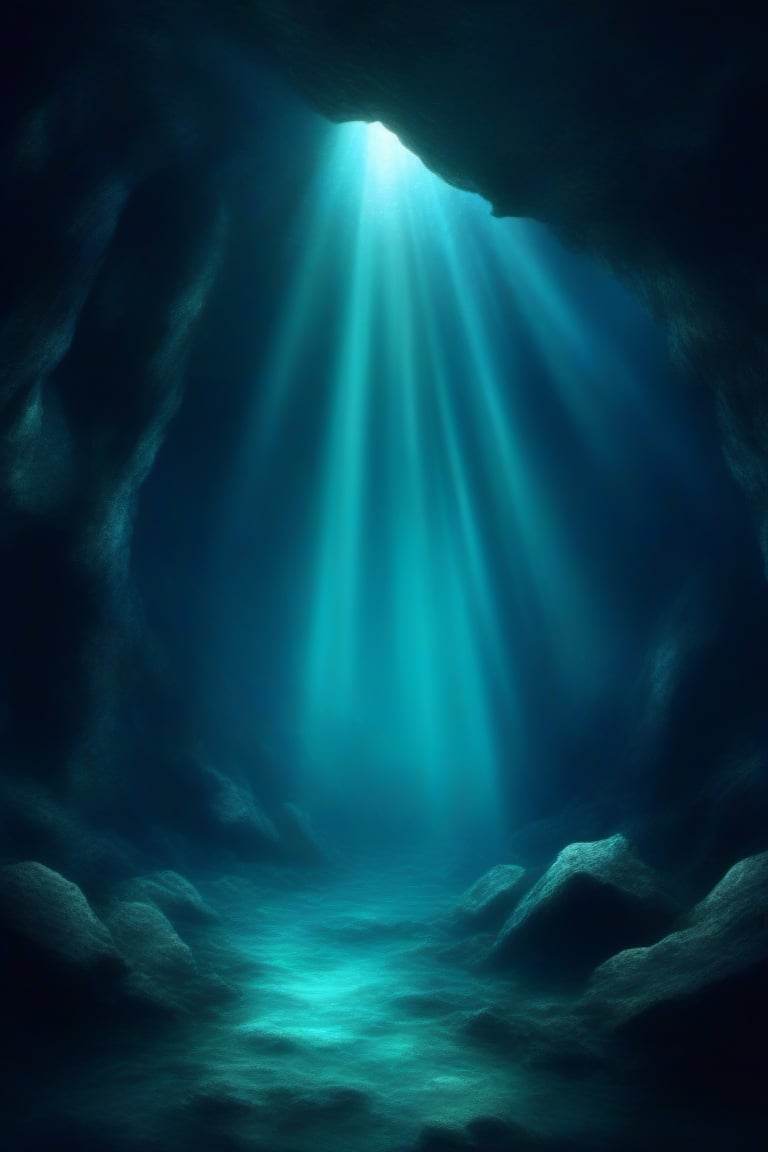 deep sea,deep sea background,, The depths of the sea are indeed endlessly lonely. In that dark and silent,, water, , scenery, , light rays, rock, , pillar, cave,fancy,under the sea