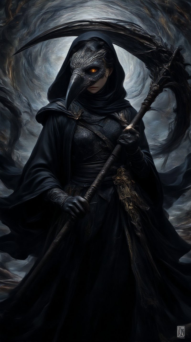 Create a powerful female character with a dark, mysterious aura. He is Kaimetsu Jikū, a master of shadows and time manipulation. He wears a sleek, black battle outfit that blends with the shadows, featuring flowing, ethereal elements that suggest his connection to the void. His primary weapon is a scythe with a jagged, dark blade that emits shadowy tendrils, symbolizing destruction and his ability to cut through time itself.This character wears a plague doctor's mask, which adds to his eerie and ominous appearance. The mask has a long beak and intricate, dark designs, blending seamlessly with his shadowy aesthetic. His eyes, partially visible through the mask, glow faintly with an otherworldly power, reflecting his control over different timelines.The background is a warped, surreal landscape, hinting at multiple collapsing timelines and swirling voids of space. Dark tendrils of shadow swirl around him, merging with the environment, as if he is part of the darkness itself. He exudes a sense of calm yet overwhelming power, with his shadowy form partially fading into the darkness.His expression should be hidden beneath the mask, but his body language is calm, focused, and slightly menacing, portraying him as a being in control of immense destructive powers. The atmosphere should be dark and mysterious, with the shadows around him moving subtly as if alive.