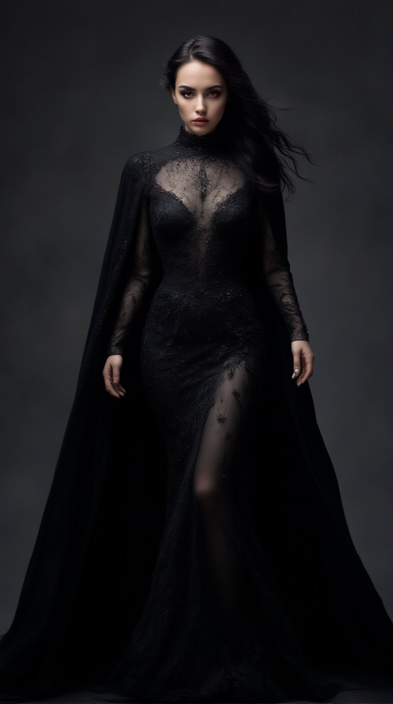 A evil beauty woman, Hiperrealistic, big red eyes,black hair,thick eyelashes,black colored dress,A sparkly black dress symbolizing darkness with a long cape,magic power,beautiful,gorgeous,4k,best quality,finely detailed,beautiful eyes and detailed,high quality,high resolution,hyper detail,super detail,intricate details,masterpiece, half body view, UHD