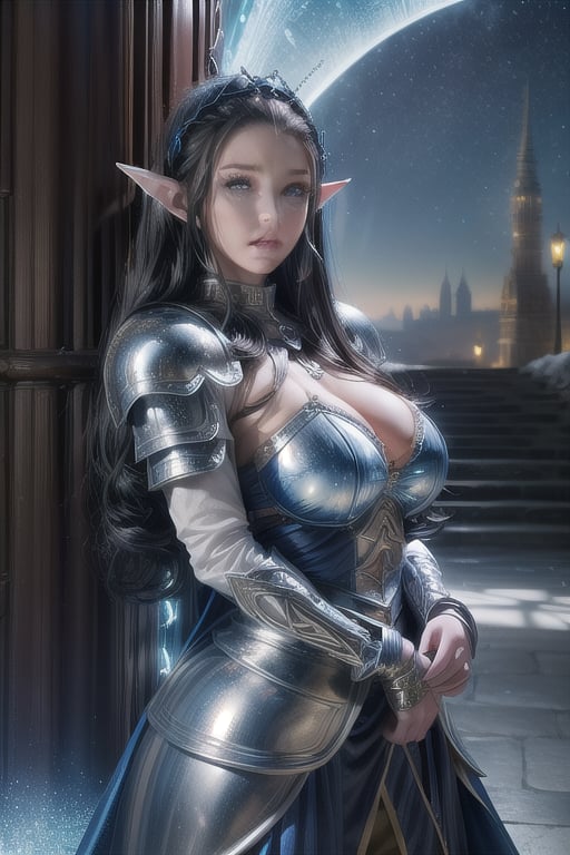 A voluptuous female elf, long hair, thick curly hair, black hair, blue eyes, elf ears. armor in silver and blue color. a elven city in the background, with spiraling towers and crystals as bright as stars.