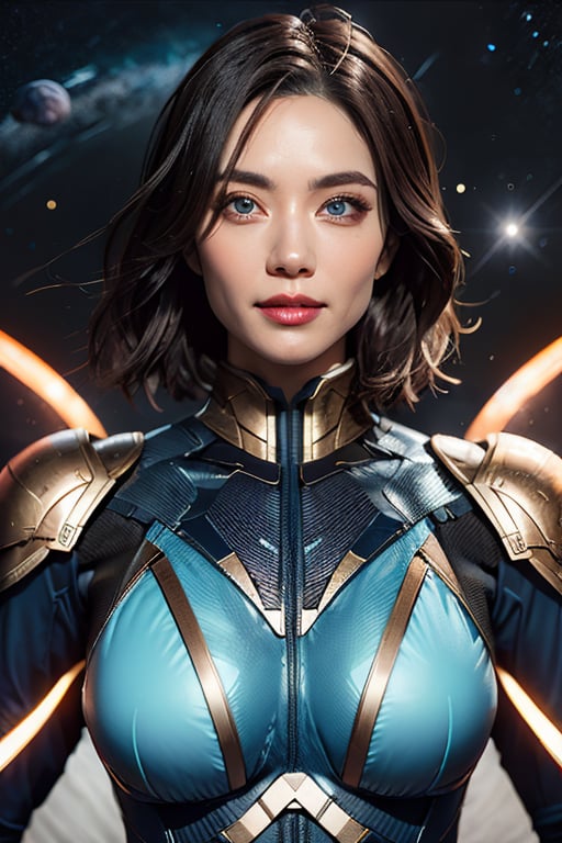 Hyper-realistic concept art. Mid shot. A woman in her thirties with an elongated skull, black hair, blue eyes, and a curvaceous figure wears a bodysuit and chest plate armor, floating in space with psychic energy glowing from her forehead. Intricately detailed, colorful and dramatic. Energized porcelain-like skin, dark metallic armor, vibrant glowing aura. Highly charged dynamic lighting, rich detailed space backdrop. massive cosmic energy. Vibrant yet detailed art.