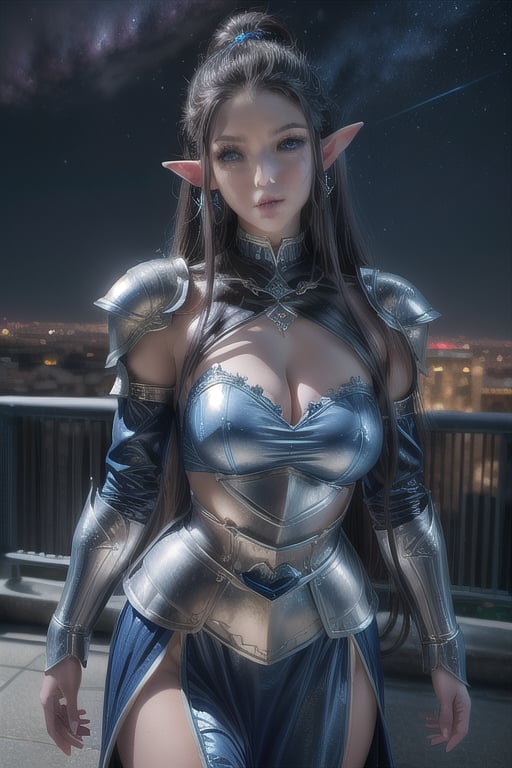 A voluptuous female elf, long hair, thick curly hair, black hair, blue eyes, elf ears. armor in silver and blue color. a elven city in the background, with spiraling towers and crystals as bright as stars.