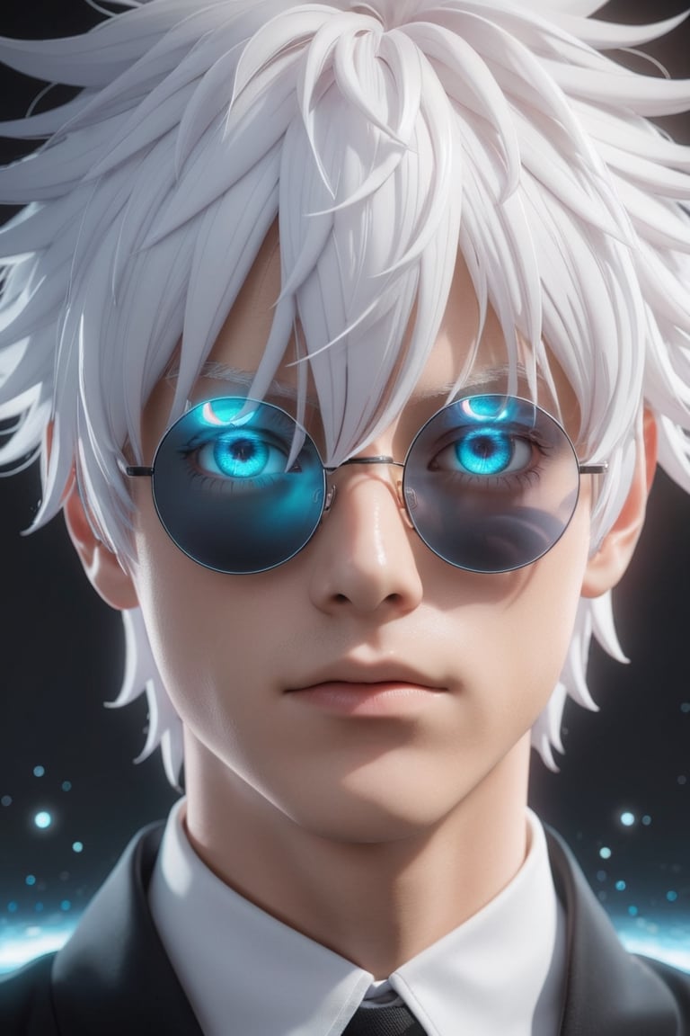 masterpiece, extremely best quality,  official art, (face focus, handsome,  masterpiece,  best quality,  1man, cyan eyes, mullet shortcut hair syle, white hair, eyebrows(white), eye_lashes (white), circle glasses with black lens, black background,  solo,  standing,  pixiv:1), 3d,  looking up,  full body,  light particle,  highly detailed,  best lighting,  pixiv,  depth of field,  (handsomeface),  fine water surface,  incredibly detailed,  (an extremely handsome),  (best quality), 3D anime,  Anime face,  noctic, camera Canon D5 , medium camera_view,more detail XL