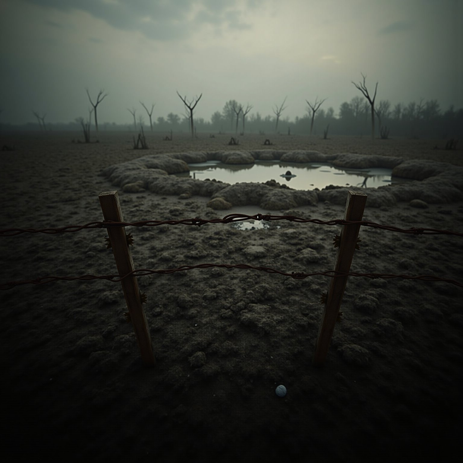 "Create a photorealistic image of a desolate, war-torn no man's land as seen from the perspective of someone standing 10- 15 feet behind a barrier of barbed wire strung across the ground. The foreground should feature sharply detailed, rusted barbed wire, stretching across the frame, with the ends embedded into muddy, waterlogged soil. Beyond the barbed wire, depict a vast, desolate cratered landscape, symbolizing a battlefield. The field should be riddled with numerous craters filled with muddy water, reflecting a somber sky. Sparse, dead vegetation and remnants of military artifacts should be scattered across the muddy terrain. The lighting should be dim and overcast, enhancing the grim atmosphere of a war zone. The entire scene should convey a sense of abandonment and the harsh realities of conflict, rendered with ultra-realistic details to emphasize the texture of the mud, the rust on the barbed wire, and the overall bleakness of the environment."