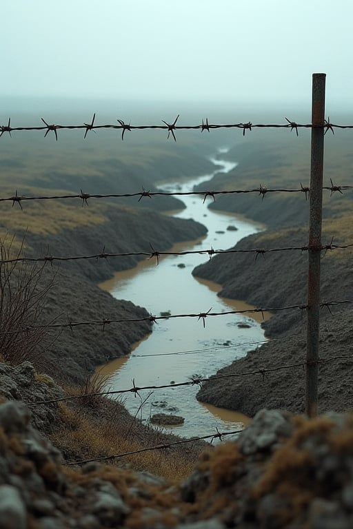 "Create a photorealistic image of a desolate, war-torn no man's land as seen from the perspective of someone standing just behind a barrier of barbed wire. The foreground should feature sharply detailed, rusted barbed wire, stretching across the frame, with the ends embedded into muddy, waterlogged soil. Beyond the barbed wire, depict a vast, desolate cratered landscape, symbolizing a battlefield. The field should be riddled with numerous craters filled with muddy water, reflecting a somber sky. Sparse, dead vegetation and remnants of military artifacts should be scattered across the muddy terrain. The lighting should be dim and overcast, enhancing the grim atmosphere of a war zone. The entire scene should convey a sense of abandonment and the harsh realities of conflict, rendered with ultra-realistic details to emphasize the texture of the mud, the rust on the barbed wire, and the overall bleakness of the environment."