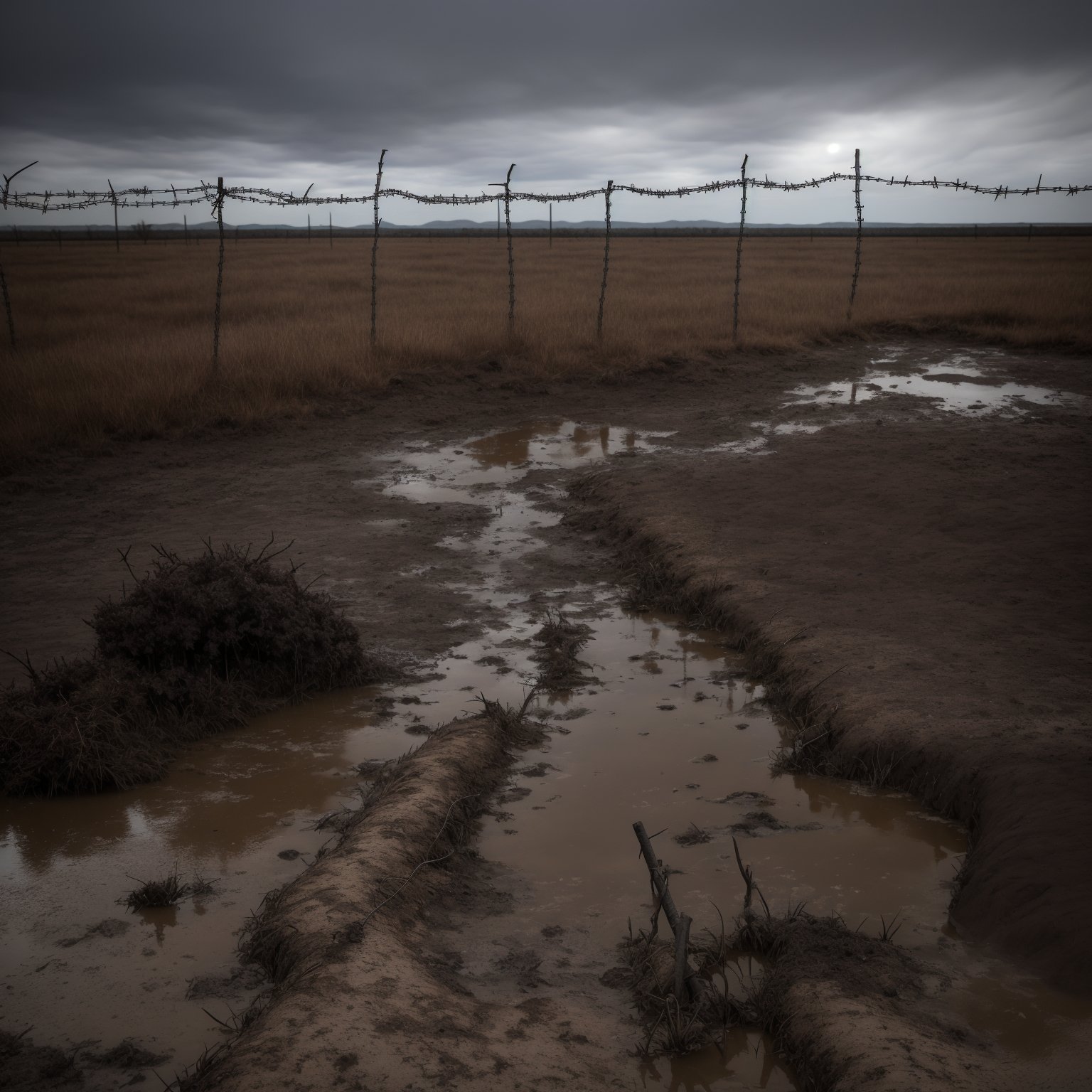 "Create a photorealistic image of a desolate, war-torn no man's land as seen from the perspective of someone standing 10- 15 feet behind a barrier of barbed wire strung across the ground. The foreground should feature sharply detailed, rusted barbed wire, stretching across the frame, with the ends embedded into muddy, waterlogged soil. Beyond the barbed wire, depict a vast, desolate cratered landscape, symbolizing a battlefield. The field should be riddled with numerous craters filled with muddy water, reflecting a somber sky. Sparse, dead vegetation and remnants of military artifacts should be scattered across the muddy terrain. The lighting should be dim and overcast, enhancing the grim atmosphere of a war zone. The entire scene should convey a sense of abandonment and the harsh realities of conflict, rendered with ultra-realistic details to emphasize the texture of the mud, the rust on the barbed wire, and the overall bleakness of the environment."