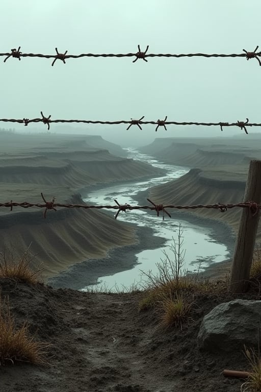 "Create a photorealistic image of a desolate, war-torn no man's land as seen from the perspective of someone standing 10- 15 feet behind a barrier of barbed wire strung across the ground. The foreground should feature sharply detailed, rusted barbed wire, stretching across the frame, with the ends embedded into muddy, waterlogged soil. Beyond the barbed wire, depict a vast, desolate cratered landscape, symbolizing a battlefield. The field should be riddled with numerous craters filled with muddy water, reflecting a somber sky. Sparse, dead vegetation and remnants of military artifacts should be scattered across the muddy terrain. The lighting should be dim and overcast, enhancing the grim atmosphere of a war zone. The entire scene should convey a sense of abandonment and the harsh realities of conflict, rendered with ultra-realistic details to emphasize the texture of the mud, the rust on the barbed wire, and the overall bleakness of the environment."