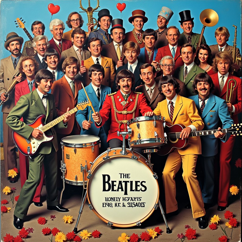 This image is the cover of Sgt. Peppers Lonely Hearts Club Band, an album by The Beatles. The art style is a collage, with a vibrant and colorful depiction of a variety of characters and objects. The medium appears to be a painted canvas, as the brush strokes and texture are visible.The colors are bright and bold, with a predominance of red, blue, yellow, and green. The palette is reminiscent of the 1960s, with a nostalgic and whimsical feel. The characters are dressed in costumes that reflect the era, with a mix of military, circus, and other eclectic outfits.The central figure is a drum set with the albums title, Sgt. Peppers Lonely Hearts Club Band, written on it. Surrounding the drum set are numerous other characters, including historical figures, celebrities, and fictional characters. They are arranged in a tiered fashion, with some standing and others seated, creating a sense of depth.The objects in the image include instruments like guitars, a trumpet, and a trombone, which are indicative of a musical theme. There are also flowers, a guitar pick, and a microphone stand, which further emphasize the musical aspect of the album. The overall composition is playful and imaginative, capturing the essence of the albums concept.The characters and objects are arranged in a way that suggests a celebration or a gathering, with a sense of joy and whimsy. The image is a tribute to the diversity of music and the impact of The Beatles album on popular culture.