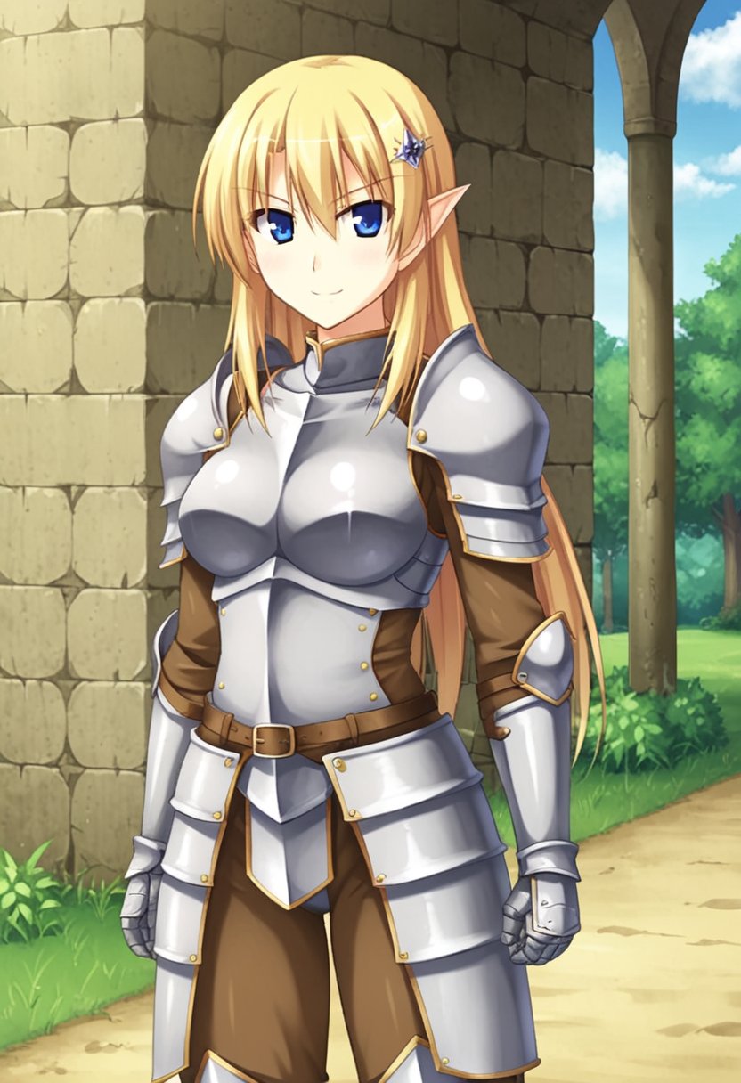 1girl, solo, mireniaeoff, blonde hair, long hair, pointy ears, hair ornament, blue eyes, knight armor, arm guards, shoulder pads, outdoors, castle, standing, cowboy shot, smile, serious