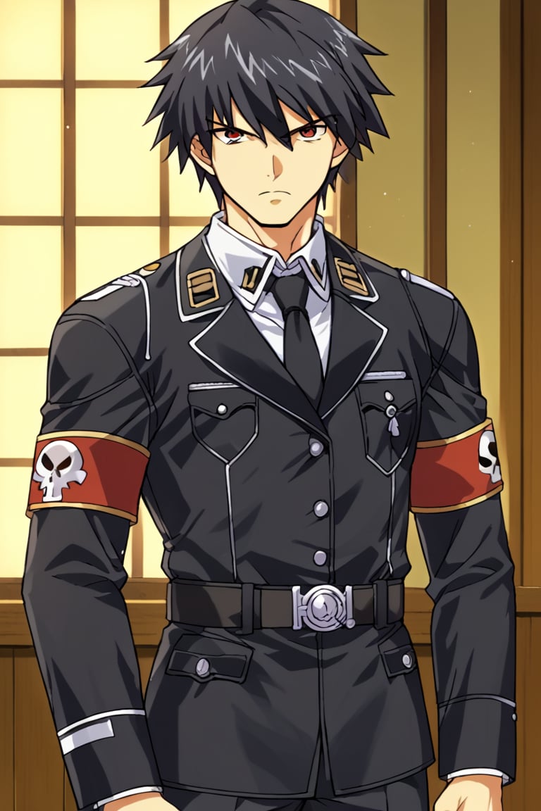 score_9, score_8_up, score_7_up, source_anime, ,1boy, solo, black hair, short hair, red eyes,, waffen-ss, ss insignia, uniform, military uniform, black uniform, armband, collared shirt, black necktie, skull emblem, standing, serious, indoors, cowboy shot