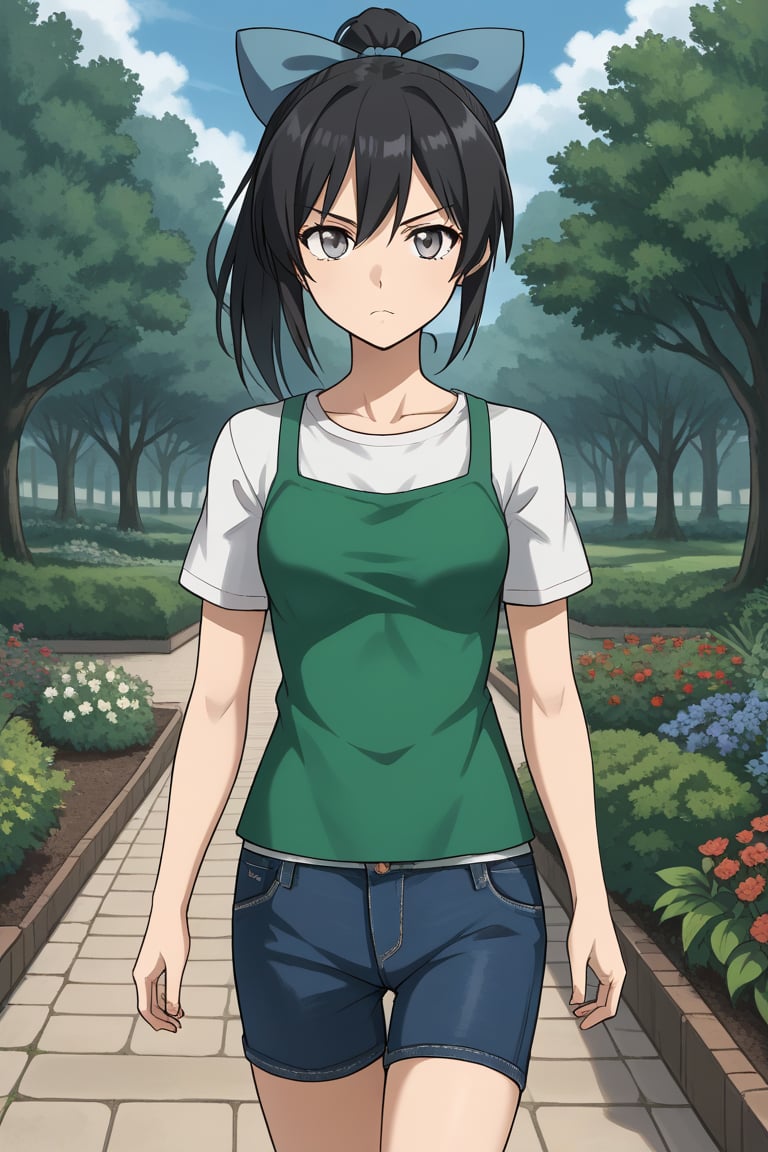 1girl, solo, toudouharukakisei, black hair, ponytail, grey eyes, hair bow, blue bow, layered shirt, denim shorts, outdoors, garden, serious, walking, cowboy shot
